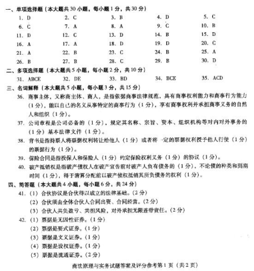 2018年四川自考法学类商法原理与实务模拟试题及答案一(图1)