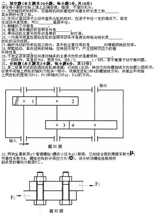 全国2010年7月高等教育自学考试机械设计基础试题(图2)